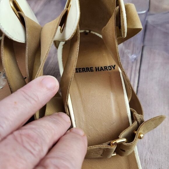 Pierre Hardy Cream/Tan Vtg Leather Ankle Wrap Block Heel Shoes Sz 40/9 - Picture 7 of 16